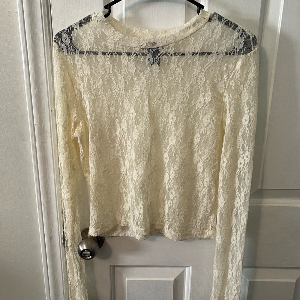 Cream Long Sleeve Crop Lace Blouse